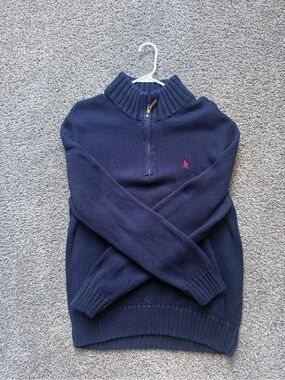 Ralph Lauren Navy Half-Zip Wool-Blend Sweater with Pink Pony